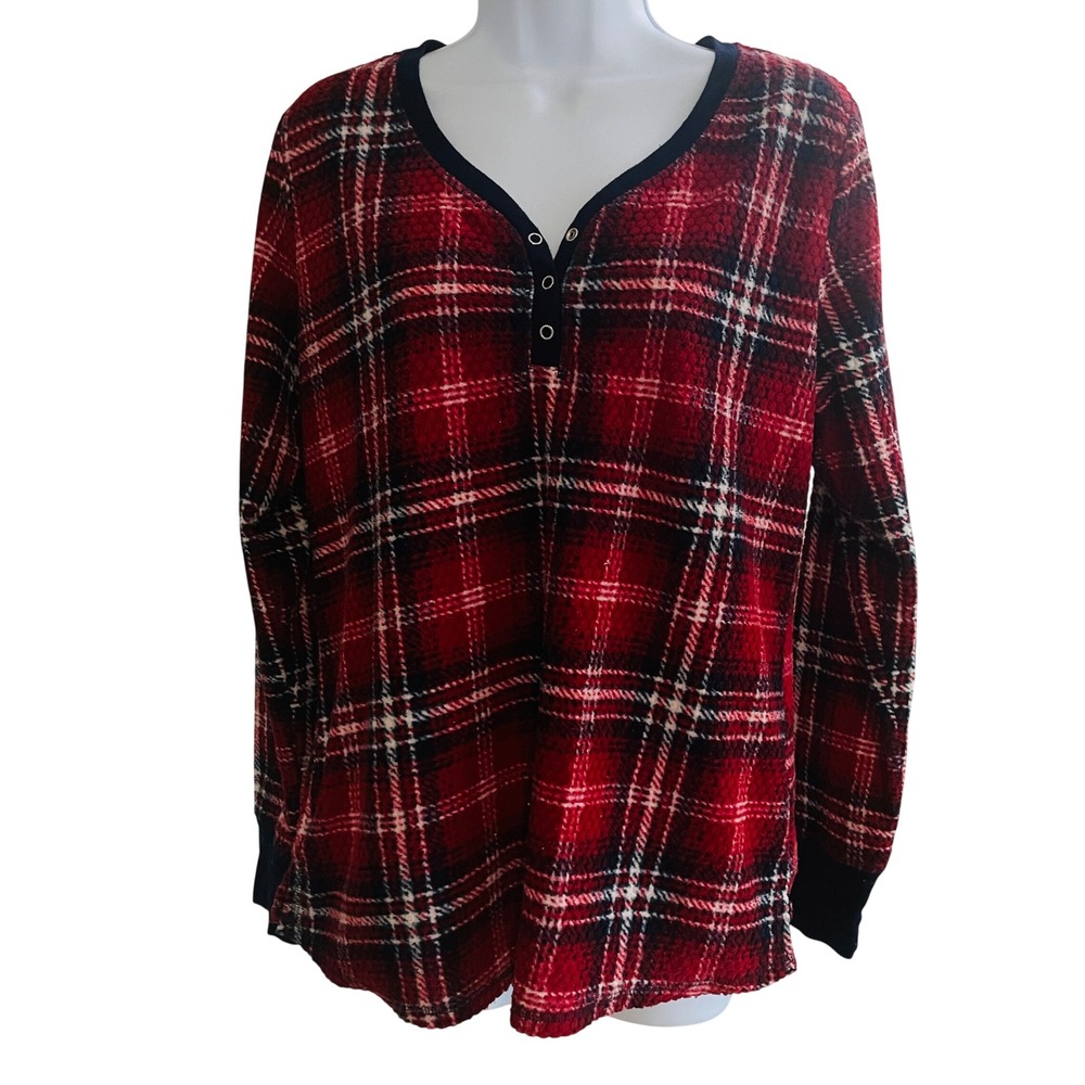 Nautica Womens Preppy Americana Waffle Henley Top M Plaid Cabin Cozy Layering